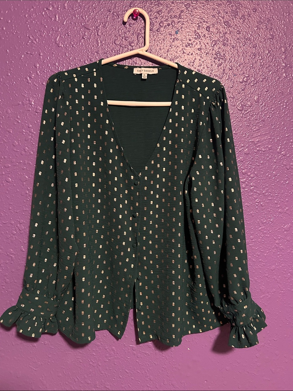 Eloise & Ivy Forest Green Metallic Dot V-Neck Ruffle-Sleeve Blouse